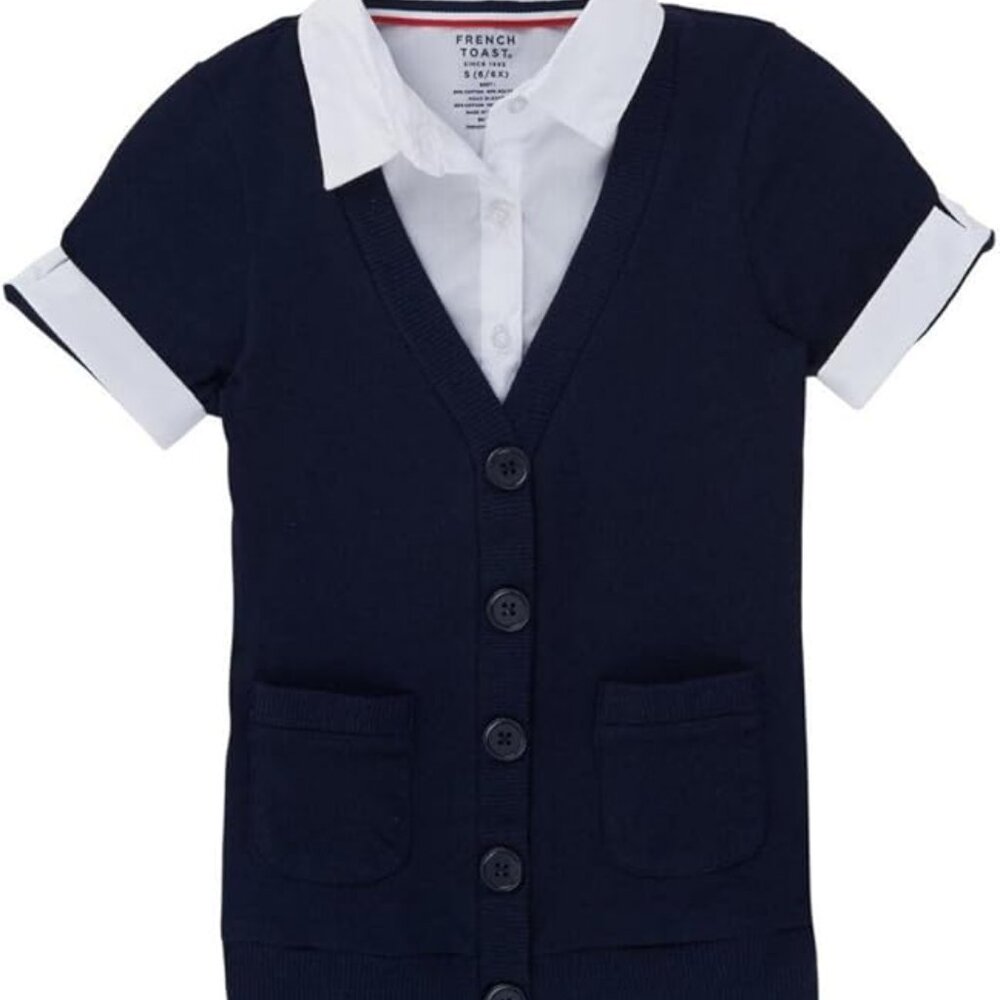French Toast SA9409 Girls Short Sleeve Layered Cardigan Navy and White